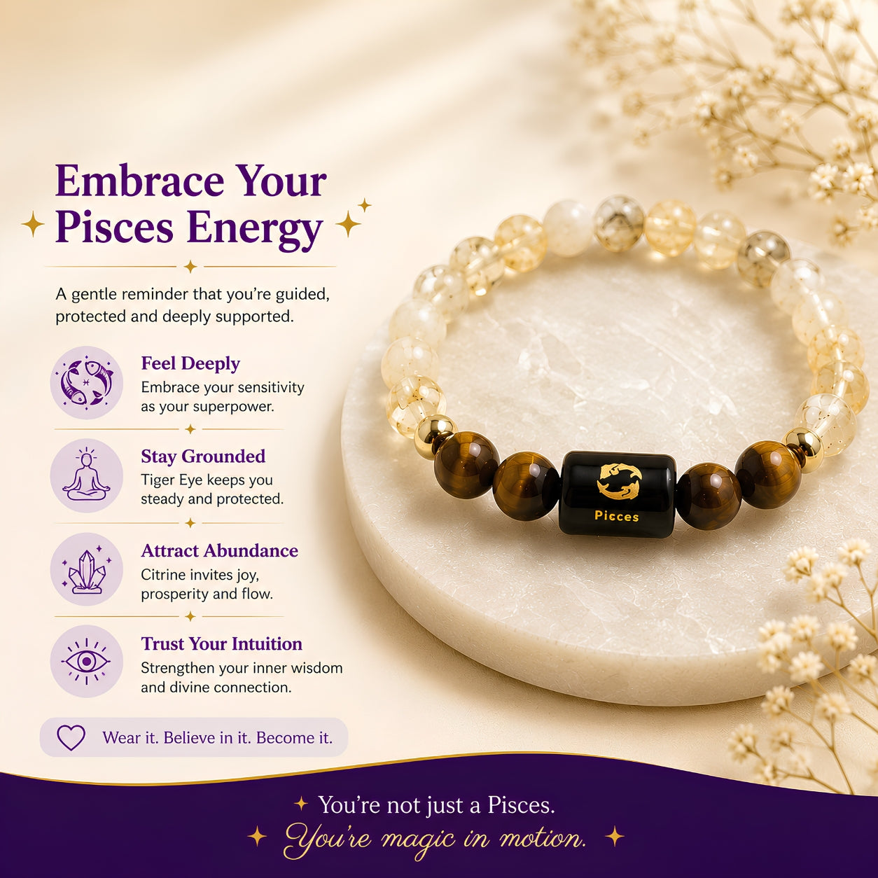 Pisces Zodiac Bracelet — Citrine & Tiger Eye (Meen Rashi)