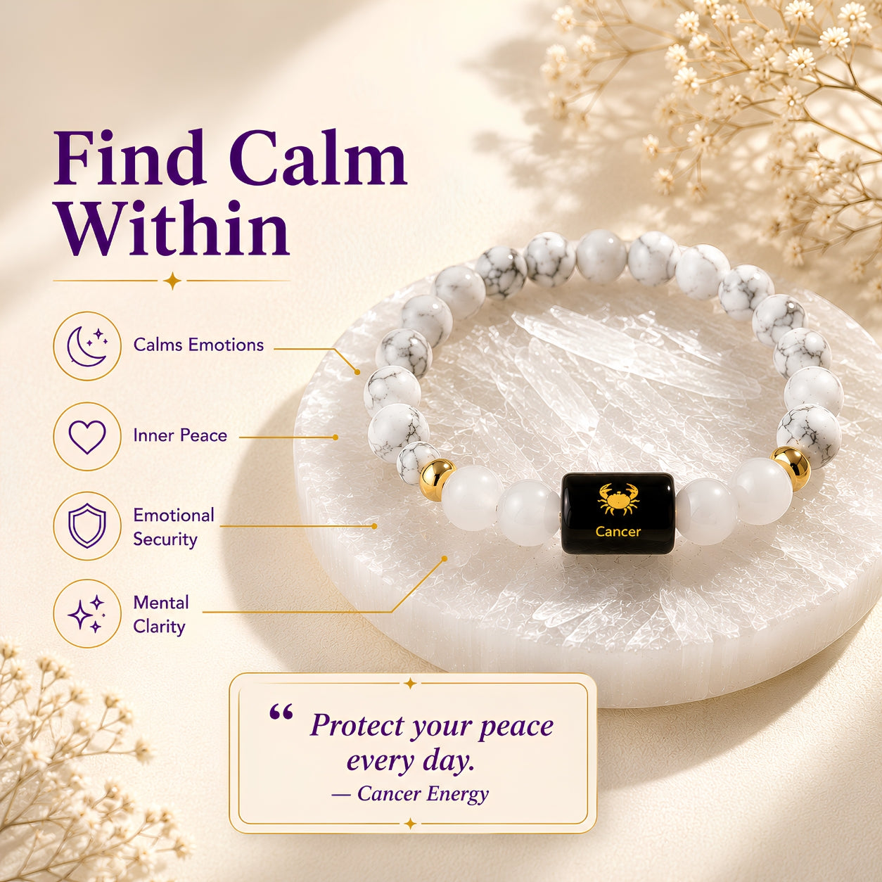 Cancer Zodiac Bracelet — Howlite & Milky Quartz (Kark Rashi)