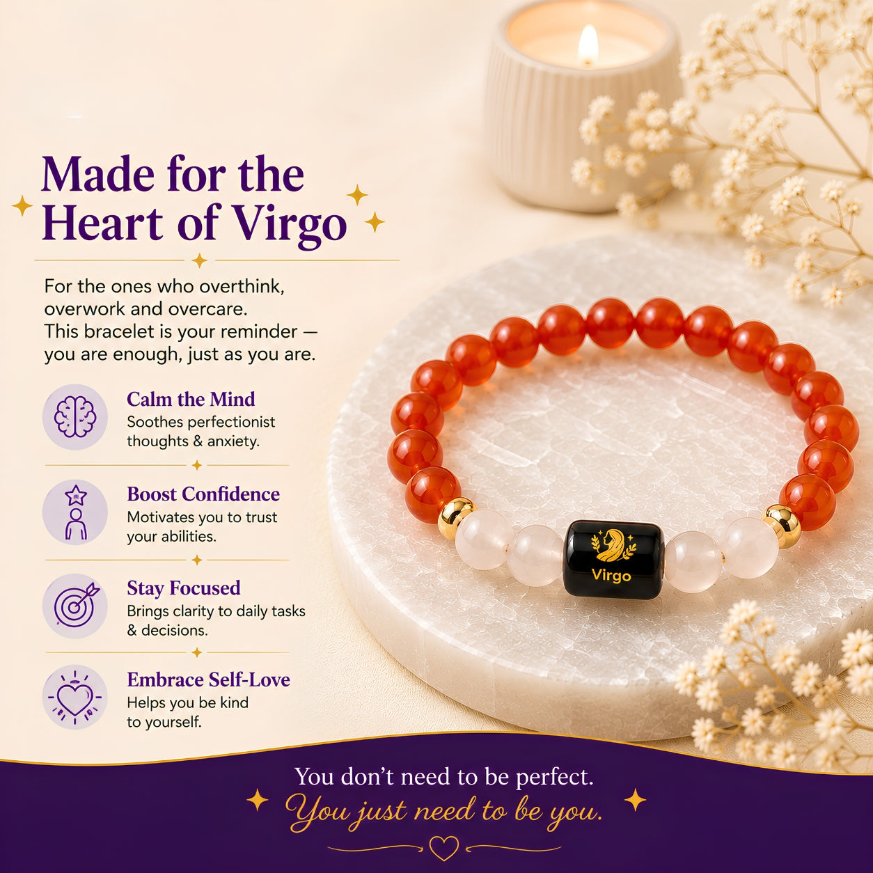 Virgo Zodiac Bracelet — Carnelian & Milky Quartz (Kanya Rashi)