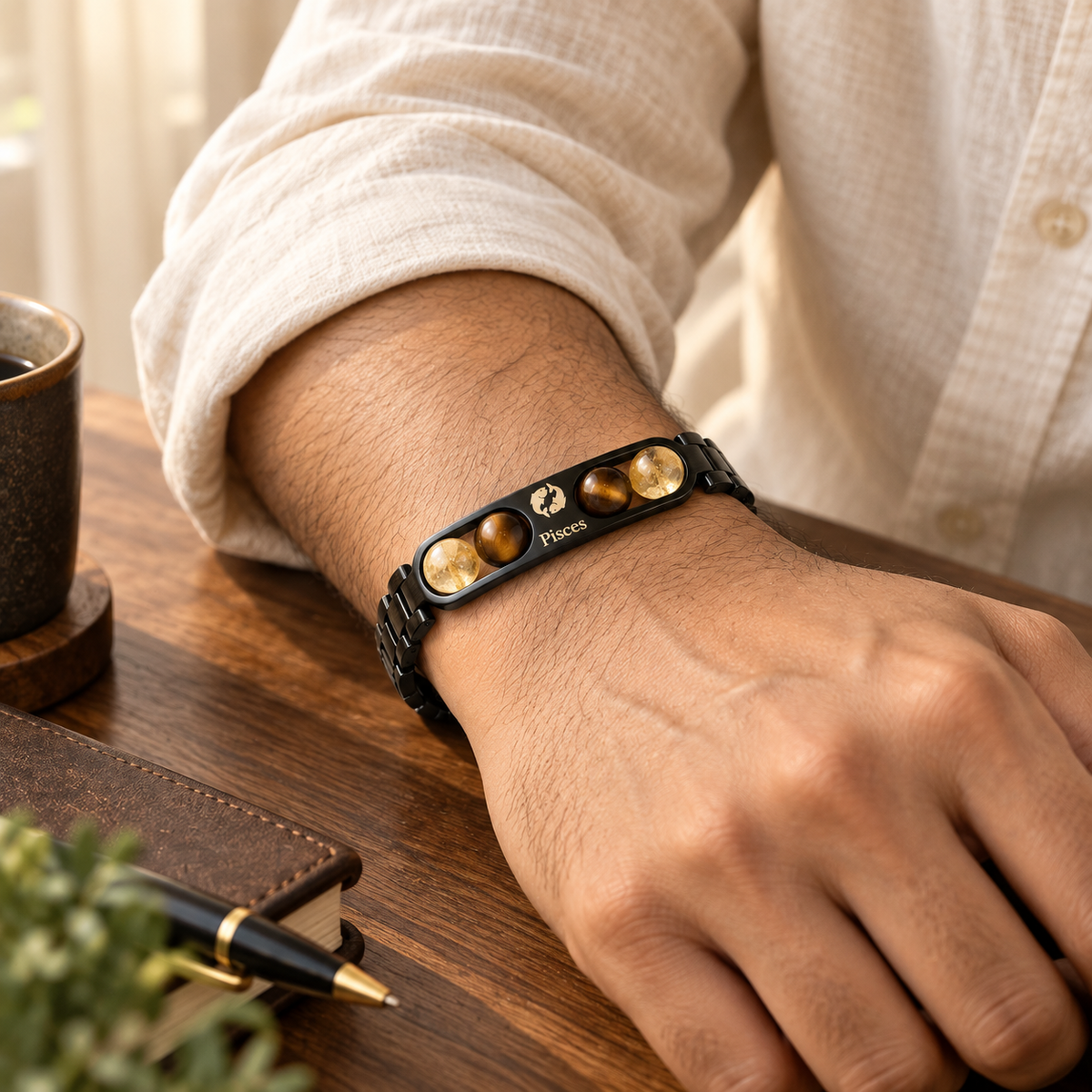 Pisces (मीन राशि) Zodiac Metal Bracelet — Citrine & Tiger Eye