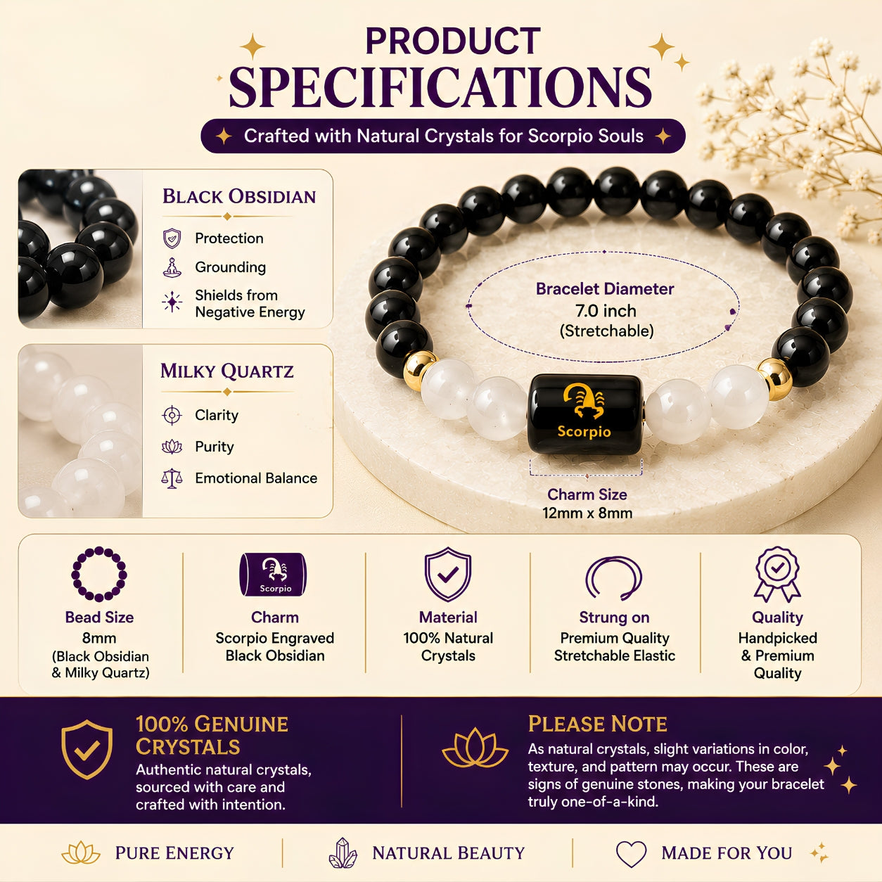Scorpio Zodiac Bracelet – Black Obsidian & Milky Quartz (Vrishchik Rashi)