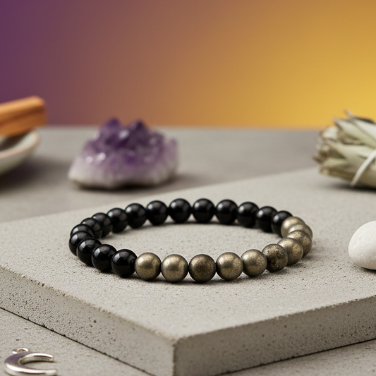 Wealth & Protection Crystal Bracelet – Pyrite & Black Tourmaline with Certificate