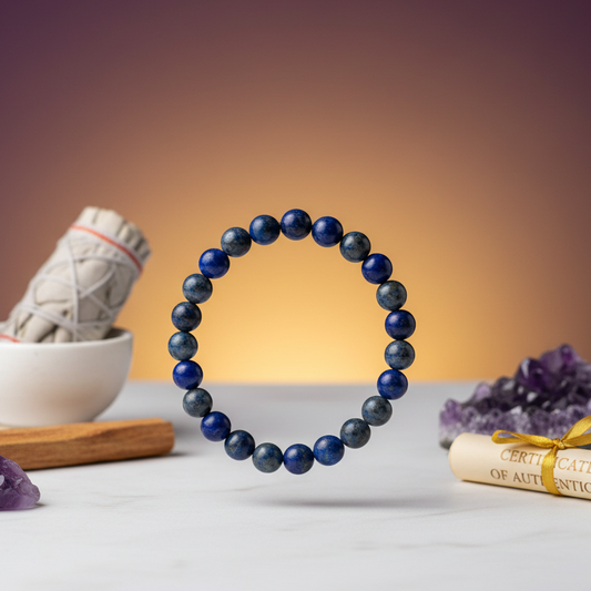 Blue beaded bracelet on a white surface with amethyst crystal and certificate of authenticity in the background.