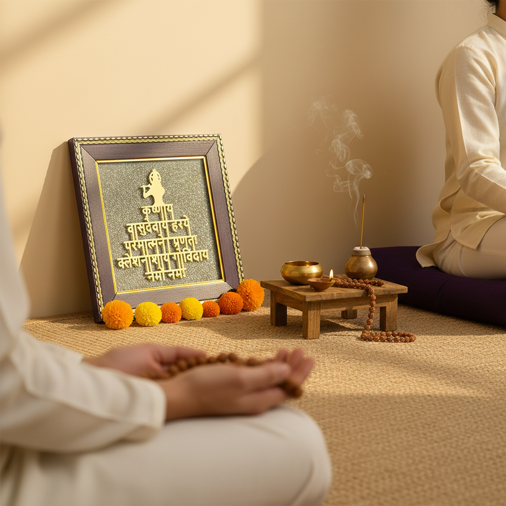 Krishna Mantra Frame on Raw Pyrite 6*6 Inch