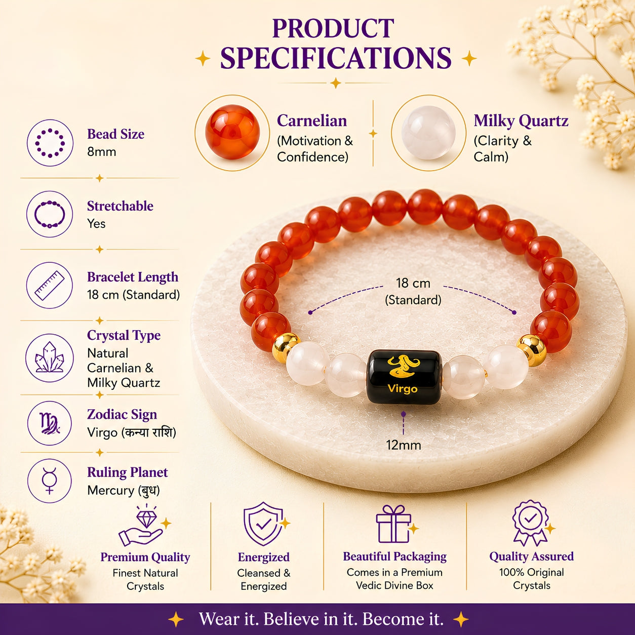 Virgo Zodiac Bracelet — Carnelian & Milky Quartz (Kanya Rashi)