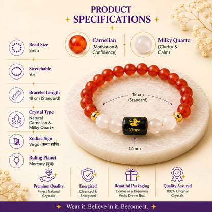 Virgo Zodiac Bracelet — Carnelian & Milky Quartz (Kanya Rashi)