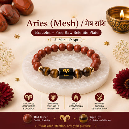 Aries Zodiac Bracelet — Red Jasper & Tiger Eye (Mesh Rashi)