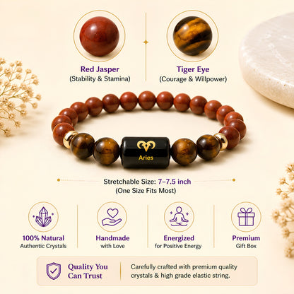 Aries Zodiac Bracelet — Red Jasper & Tiger Eye (Mesh Rashi)
