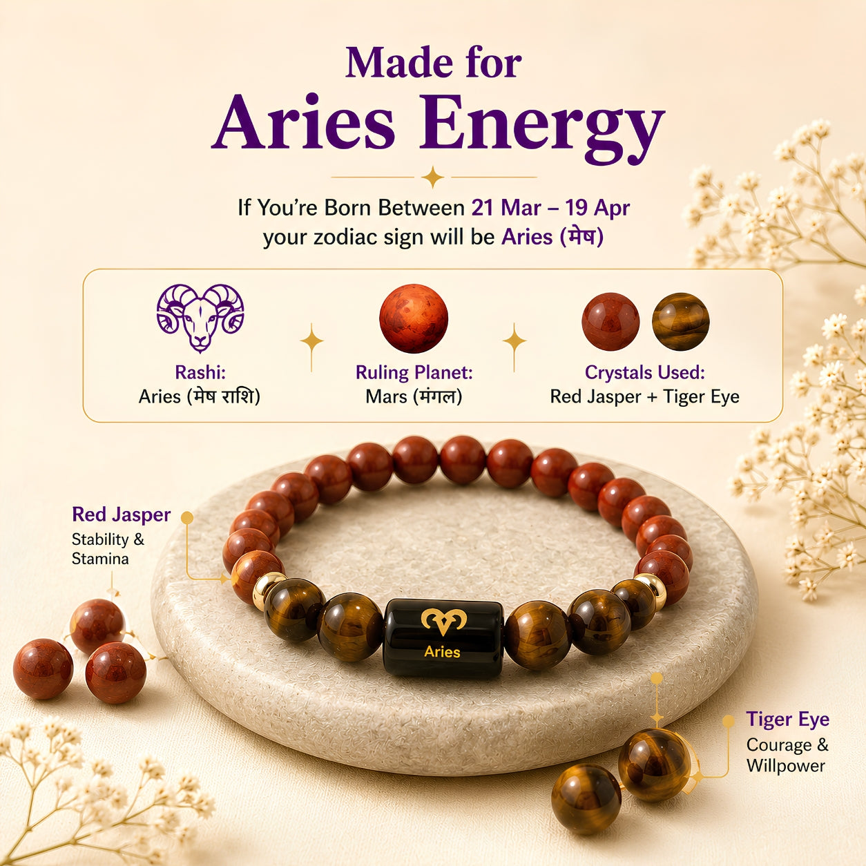 Aries Zodiac Bracelet — Red Jasper & Tiger Eye (Mesh Rashi)