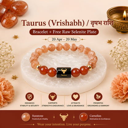 Taurus Zodiac Bracelet — Sunstone & Carnelian (Vrishabh Rashi)