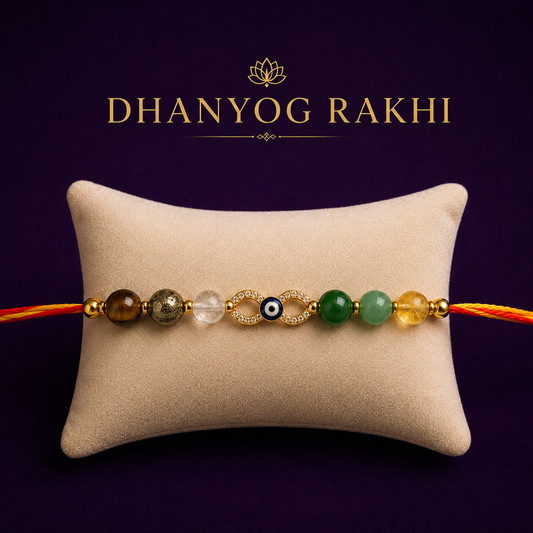 Dhanyog Crystal Rakhi – Pyrite, Tiger Eye & Green Aventurine Bracelet Rakhi for Brother