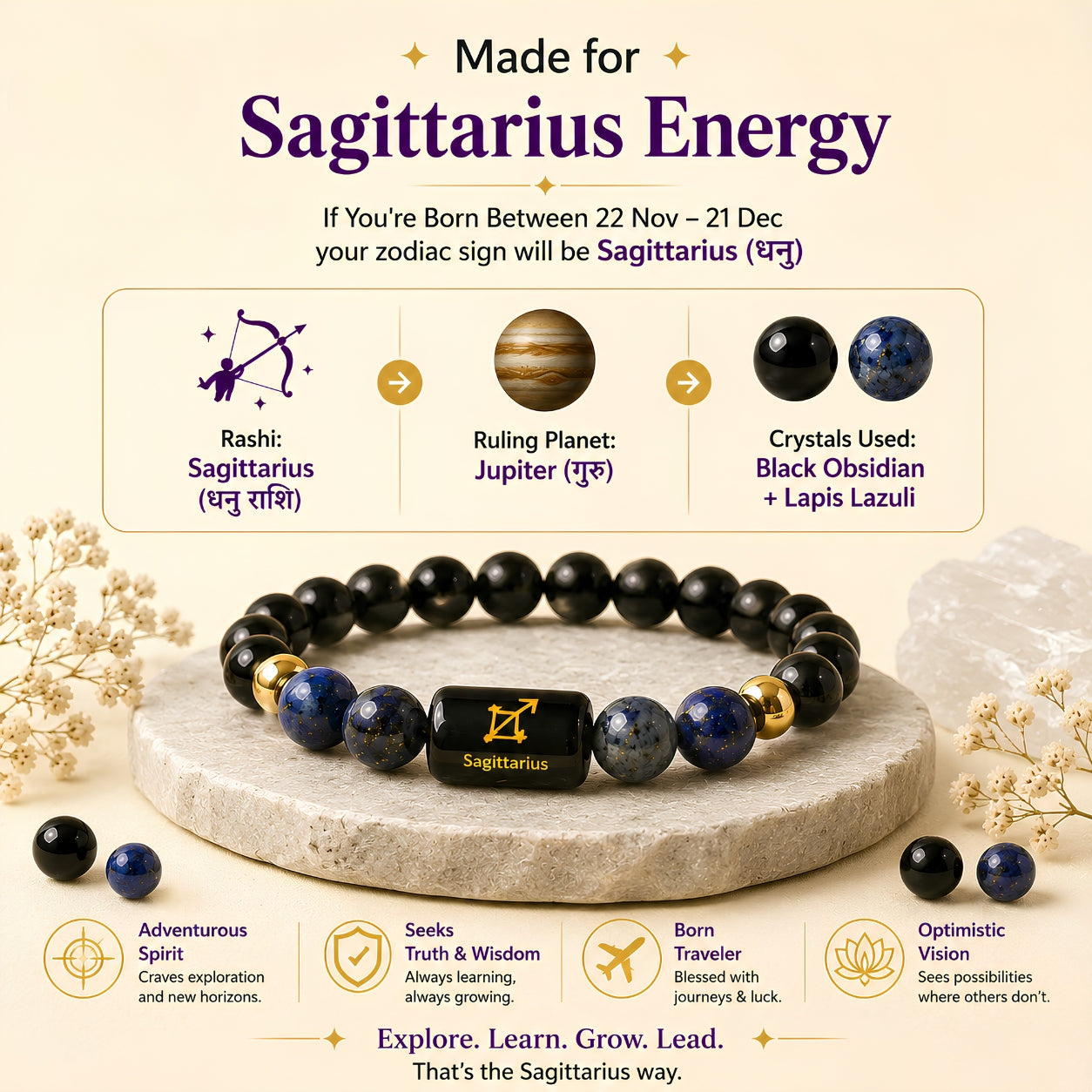 Sagittarius Zodiac Bracelet — Black Obsidian & Lapis Lazuli (Dhanu Rashi)