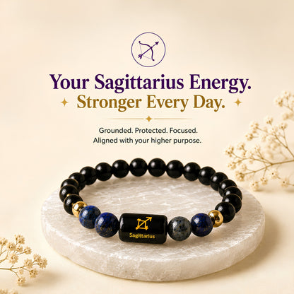 Sagittarius Zodiac Bracelet — Black Obsidian & Lapis Lazuli (Dhanu Rashi)