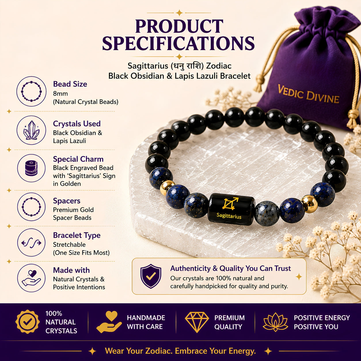 Sagittarius Zodiac Bracelet — Black Obsidian & Lapis Lazuli (Dhanu Rashi)