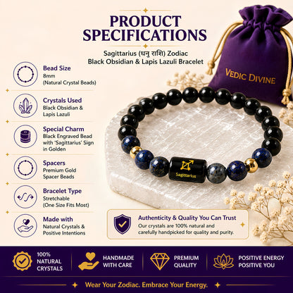 Sagittarius Zodiac Bracelet — Black Obsidian & Lapis Lazuli (Dhanu Rashi)
