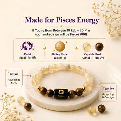 Pisces Zodiac Bracelet — Citrine & Tiger Eye (Meen Rashi)