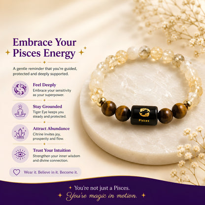 Pisces Zodiac Bracelet — Citrine & Tiger Eye (Meen Rashi)