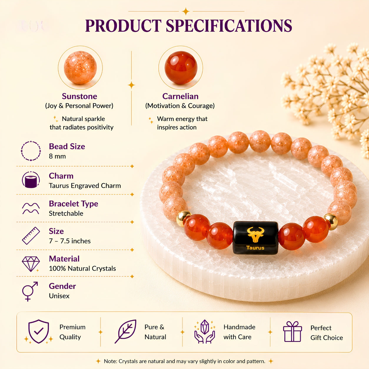 Taurus Zodiac Bracelet — Sunstone & Carnelian (Vrishabh Rashi)