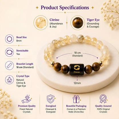 Pisces Zodiac Bracelet — Citrine & Tiger Eye (Meen Rashi)