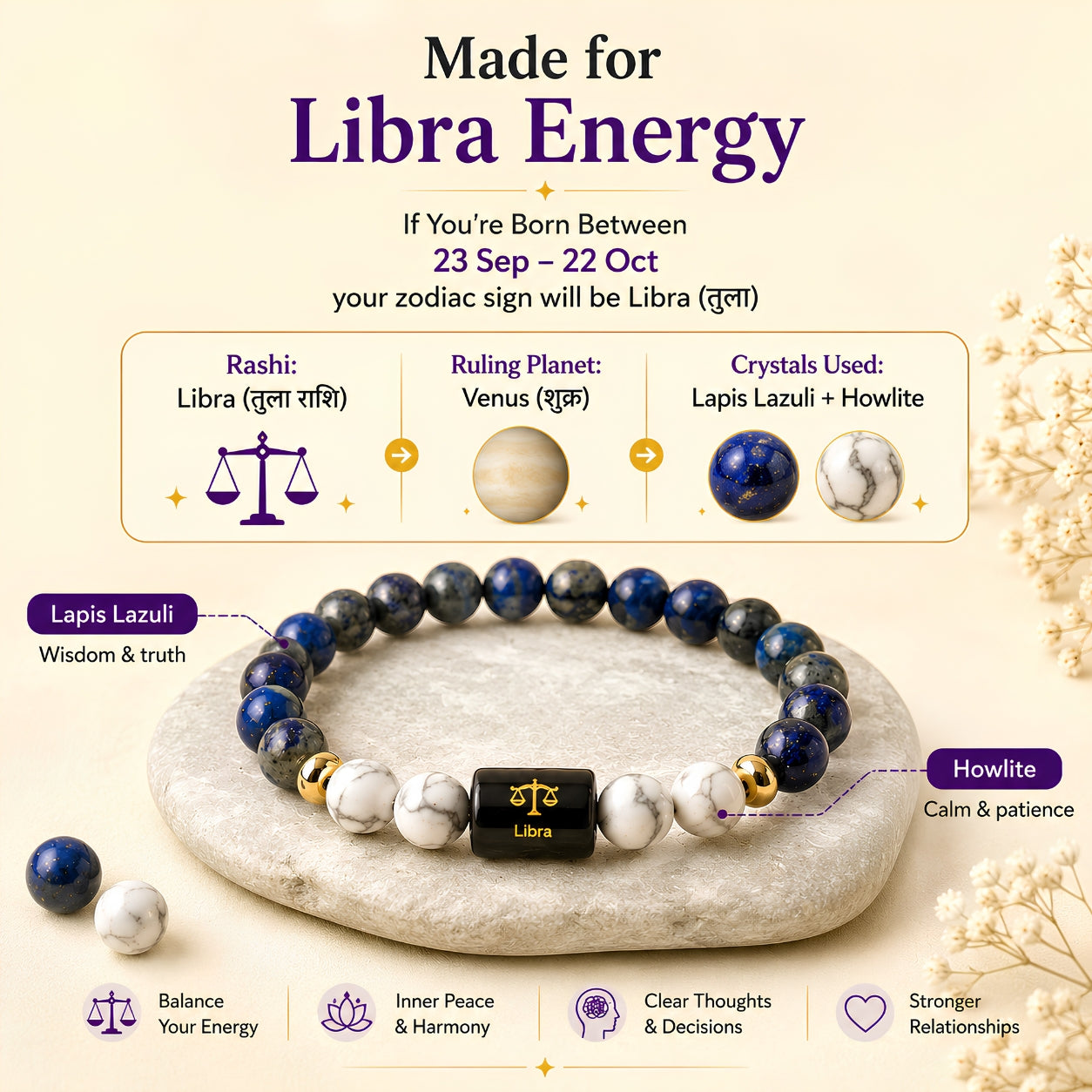 Libra Zodiac Bracelet — Lapis Lazuli & Howlite (Tula Rashi)