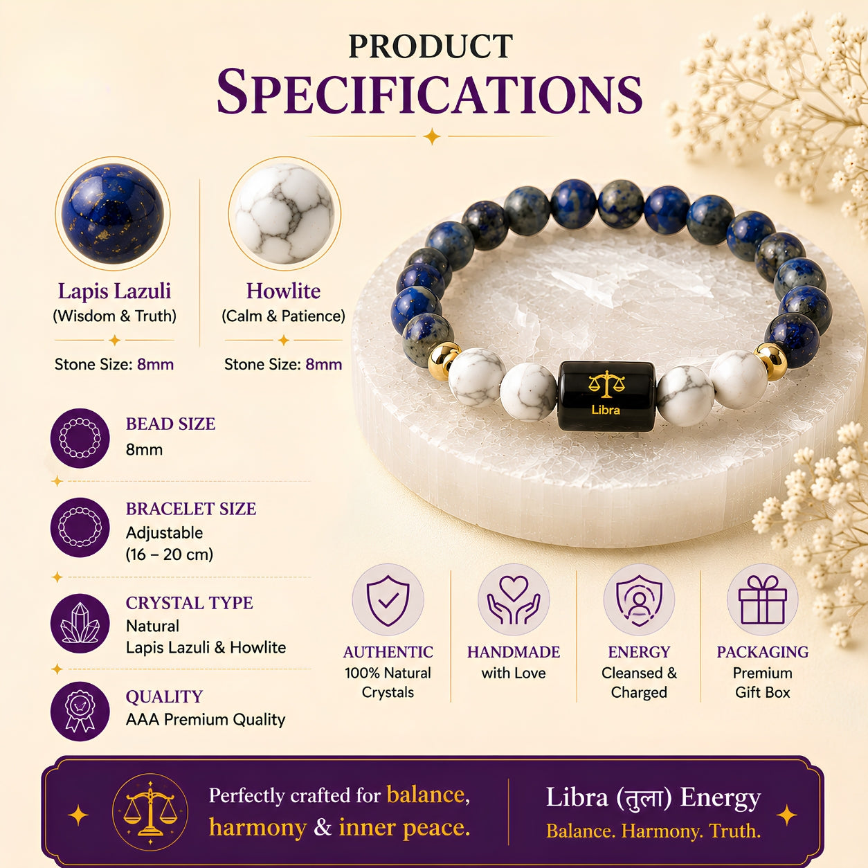 Libra Zodiac Bracelet — Lapis Lazuli & Howlite (Tula Rashi)
