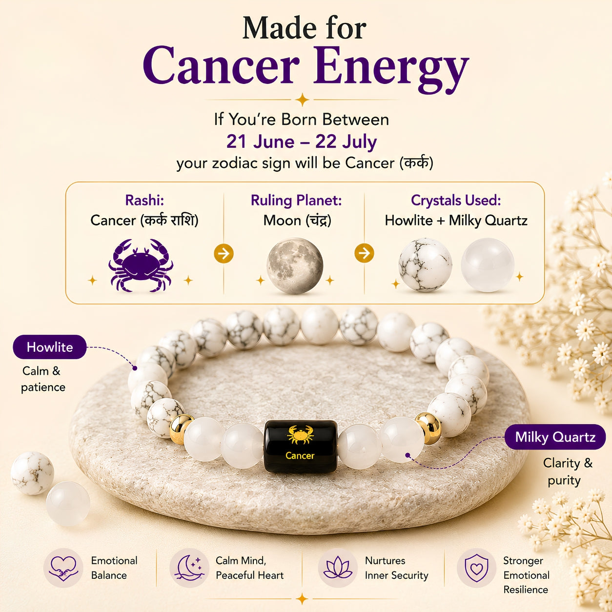Cancer Zodiac Bracelet — Howlite & Milky Quartz (Kark Rashi)