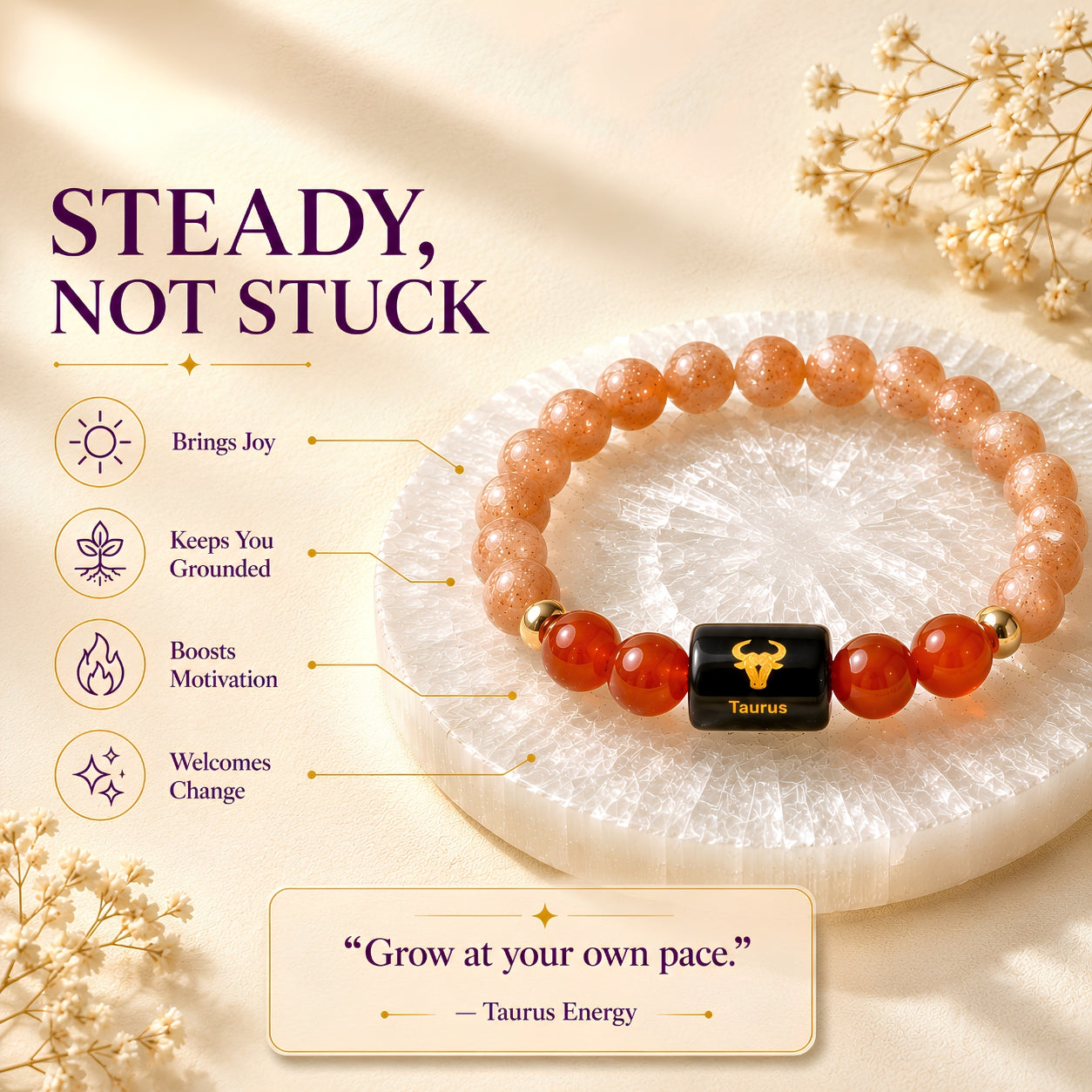 Taurus Zodiac Bracelet — Sunstone & Carnelian (Vrishabh Rashi)