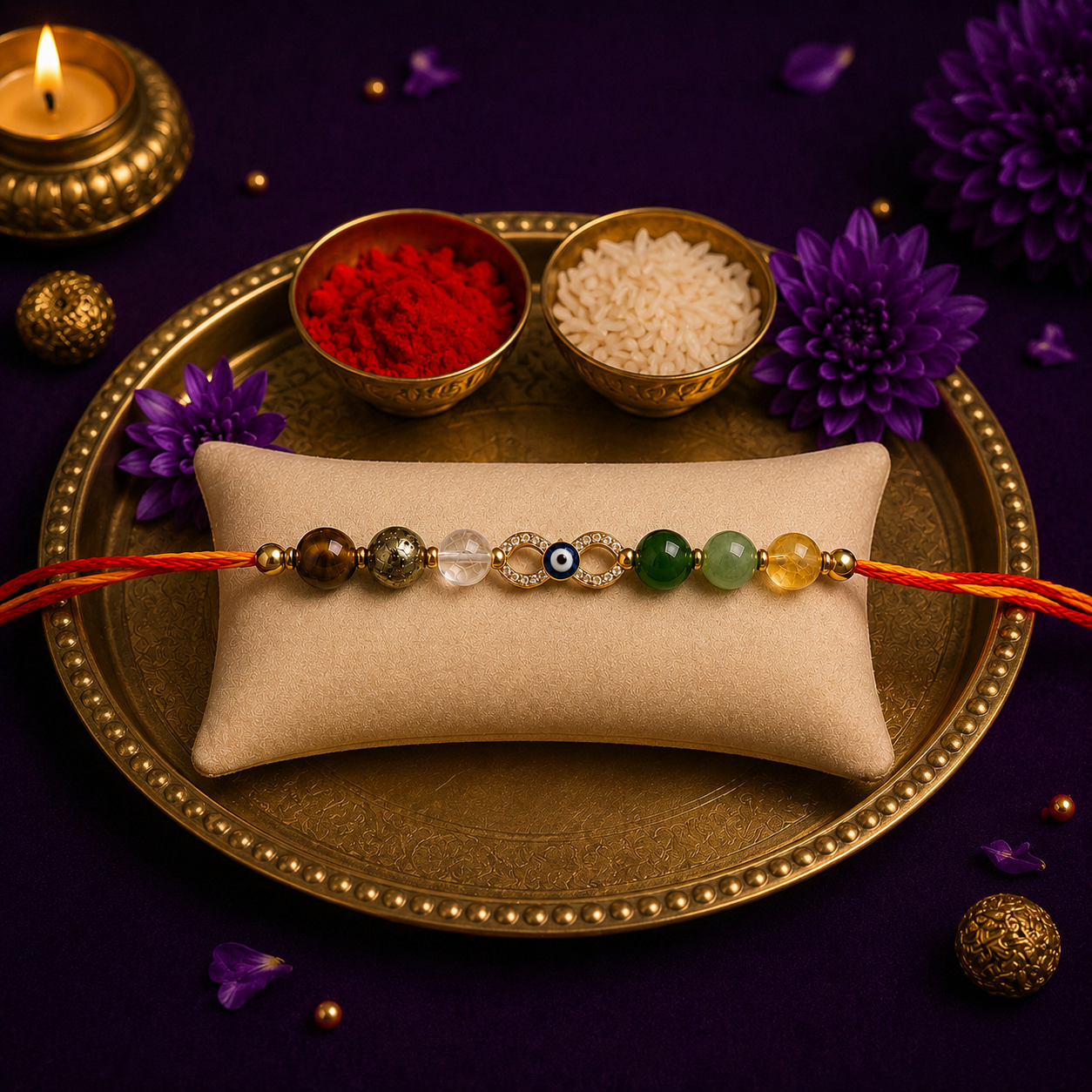 Dhanyog Crystal Rakhi – Pyrite, Tiger Eye & Green Aventurine Bracelet Rakhi for Brother