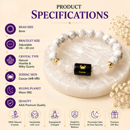 Cancer Zodiac Bracelet — Howlite & Milky Quartz (Kark Rashi)