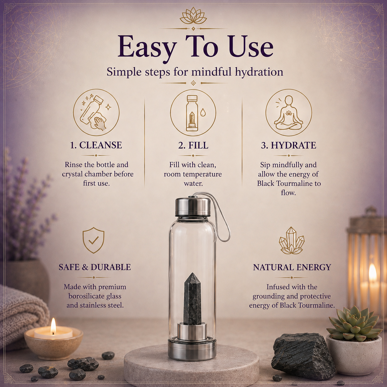 Black Tourmaline Crystal Water Bottle