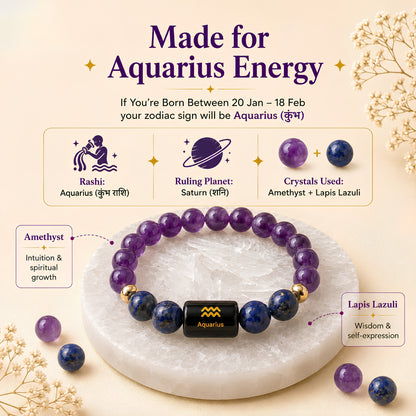 Aquarius Zodiac Bracelet — Amethyst & Lapis Lazuli (Kumbh Rashi)