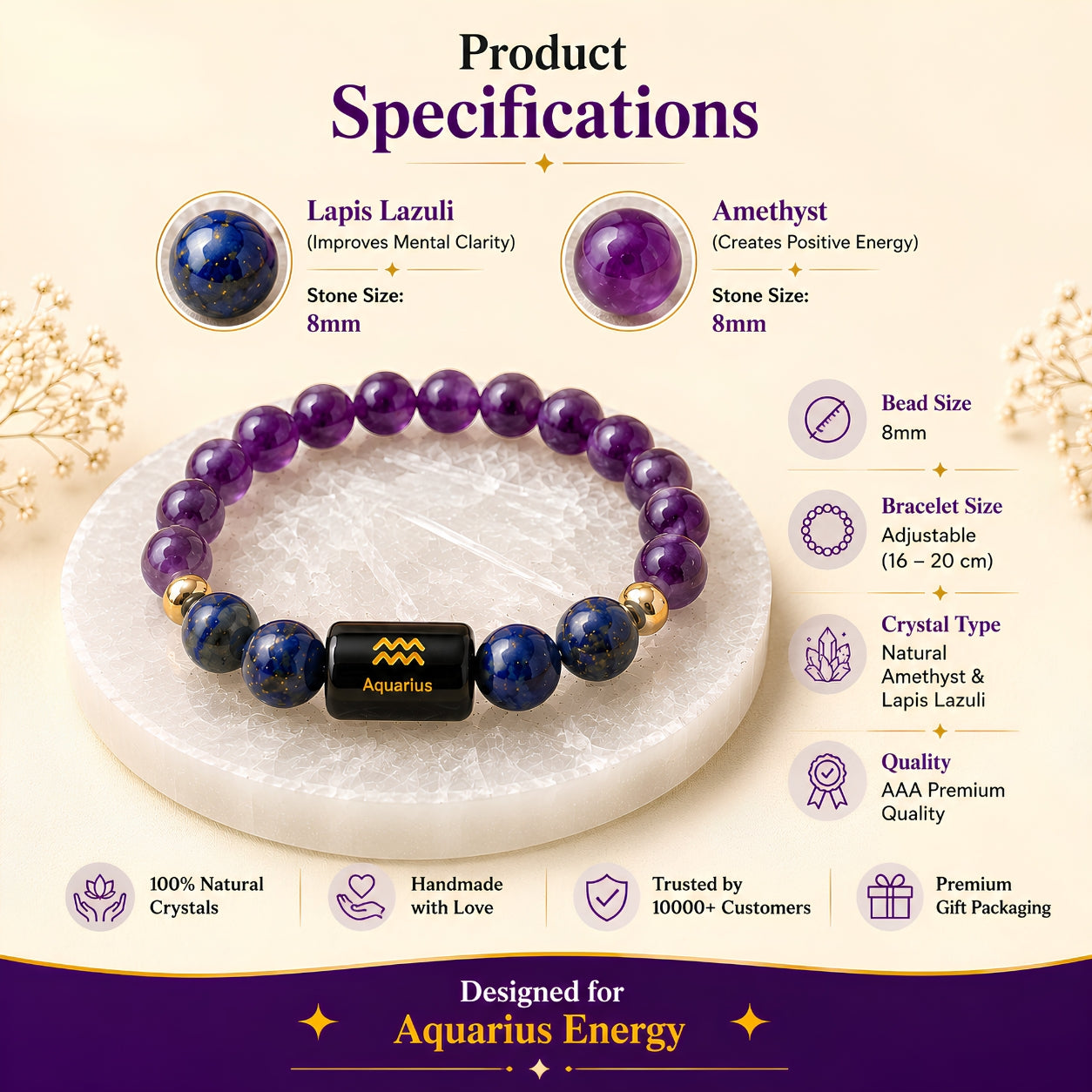 Aquarius Zodiac Bracelet — Amethyst & Lapis Lazuli (Kumbh Rashi)