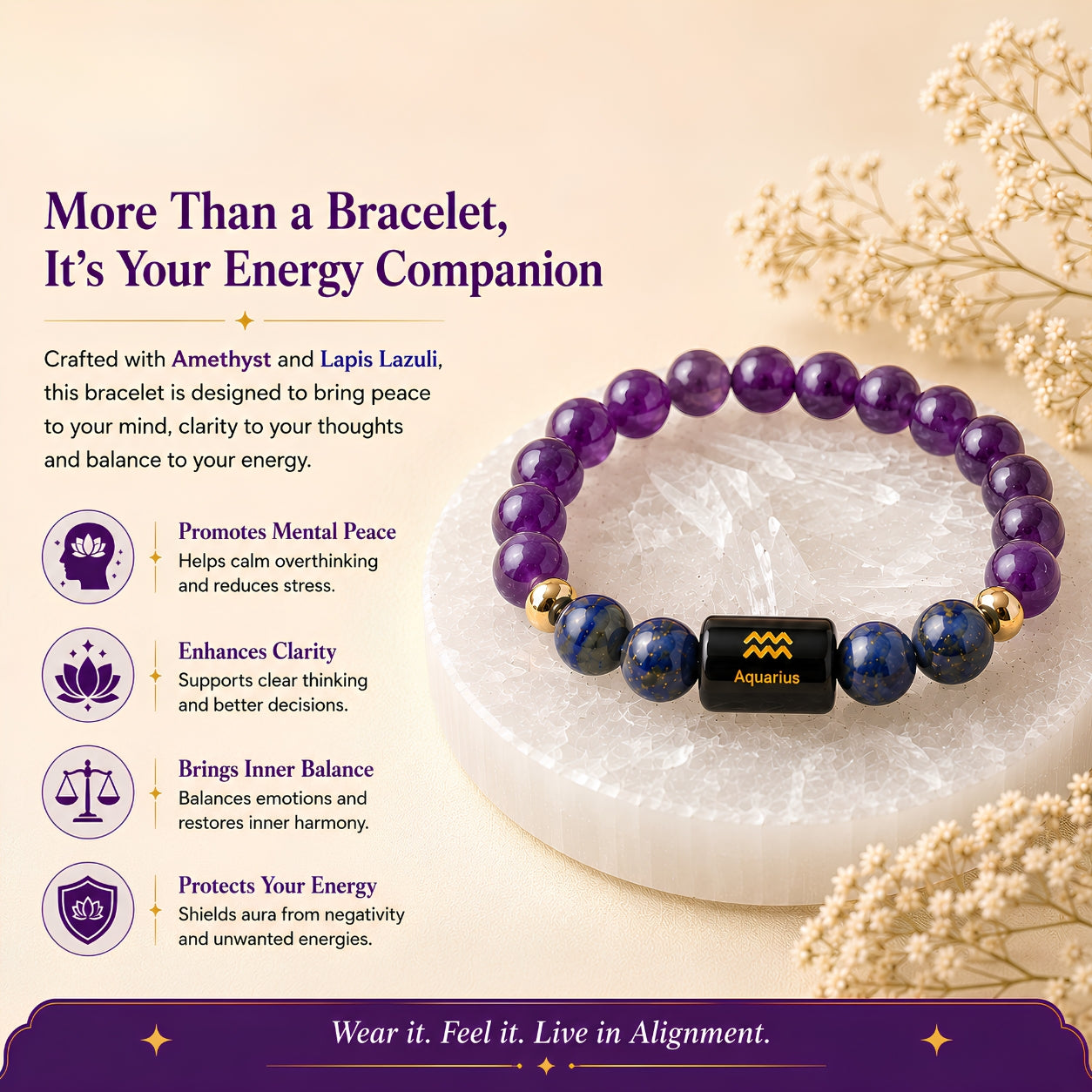 Aquarius Zodiac Bracelet — Amethyst & Lapis Lazuli (Kumbh Rashi)