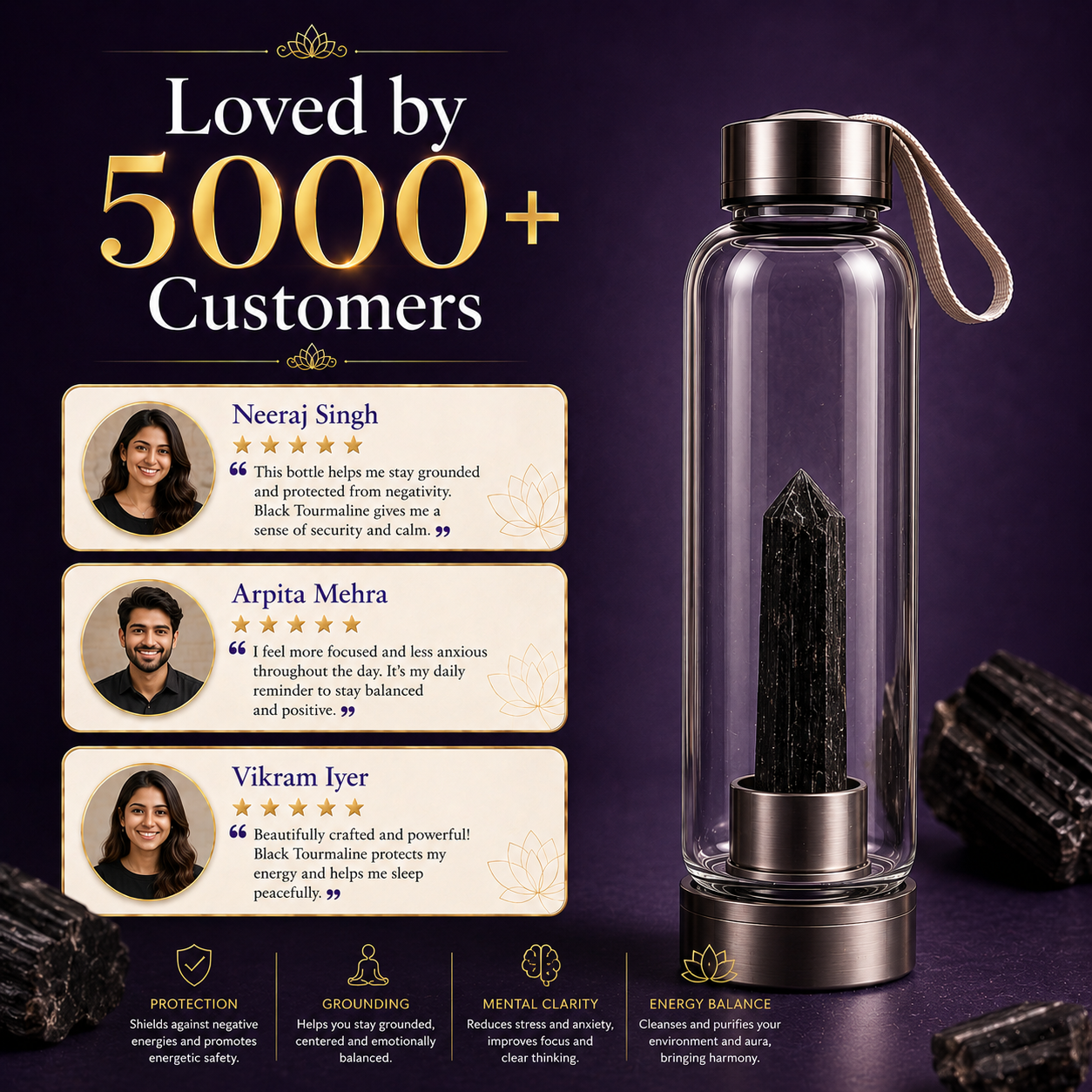 Black Tourmaline Crystal Water Bottle