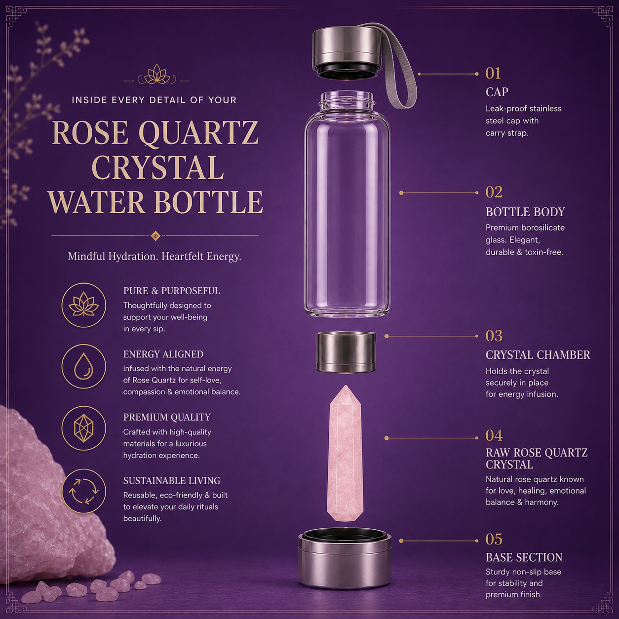 Rose Quartz Crystal Water Bottle