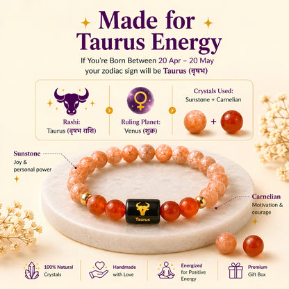Taurus Zodiac Bracelet — Sunstone & Carnelian (Vrishabh Rashi)