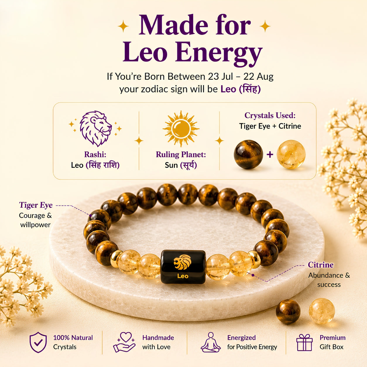 Leo Zodiac Bracelet — Tiger Eye & Citrine (Singh Rashi)