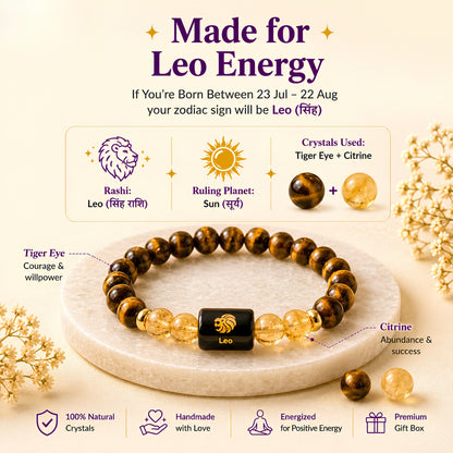 Leo Zodiac Bracelet — Tiger Eye & Citrine (Singh Rashi)