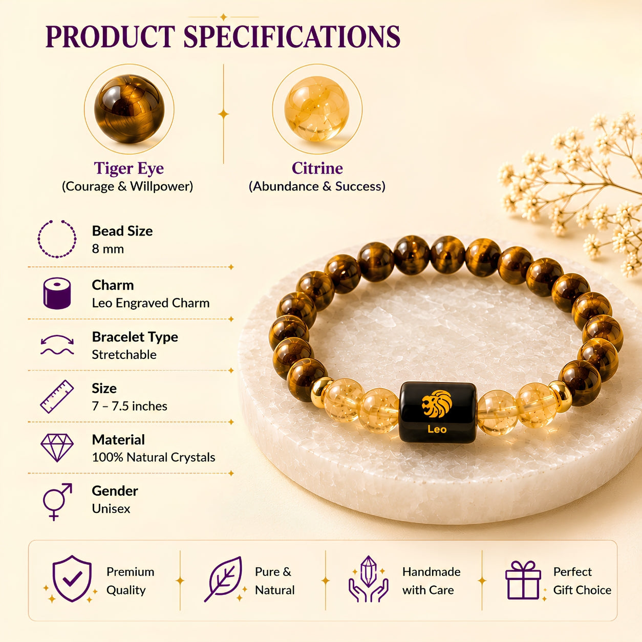 Leo Zodiac Bracelet — Tiger Eye & Citrine (Singh Rashi)