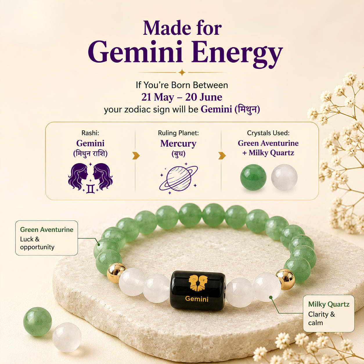 Gemini Zodiac Bracelet — Green Aventurine & Milky Quartz (Mithun Rashi)
