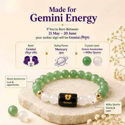Gemini Zodiac Bracelet — Green Aventurine & Milky Quartz (Mithun Rashi)