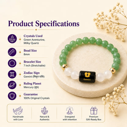 Gemini Zodiac Bracelet — Green Aventurine & Milky Quartz (Mithun Rashi)