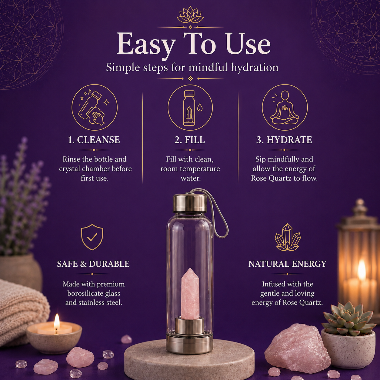 Rose Quartz Crystal Water Bottle