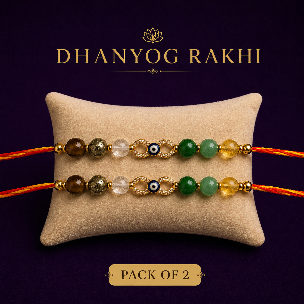 Dhanyog Crystal Rakhi – Pyrite, Tiger Eye & Green Aventurine Bracelet Rakhi for Brother