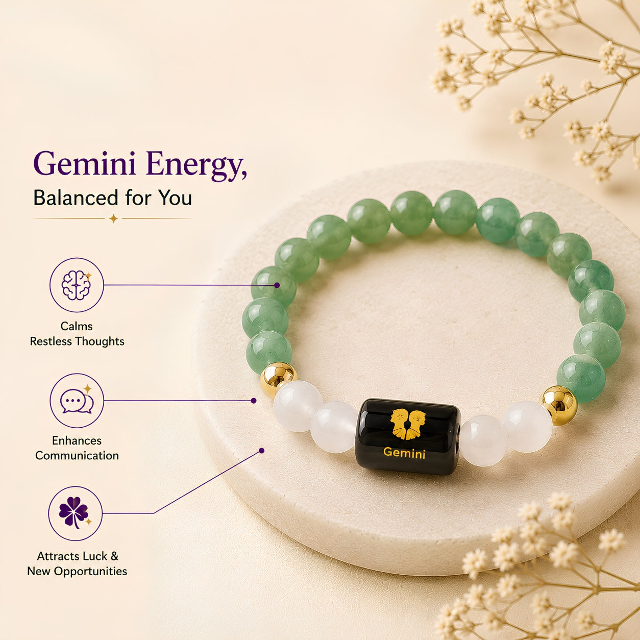 Gemini Zodiac Bracelet — Green Aventurine & Milky Quartz (Mithun Rashi)