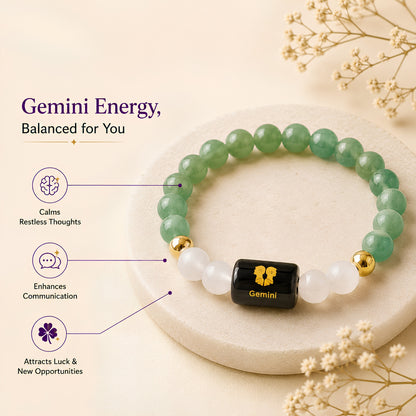 Gemini Zodiac Bracelet — Green Aventurine & Milky Quartz (Mithun Rashi)