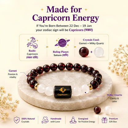 Capricorn Zodiac Bracelet — Garnet & Milky Quartz (Makar Rashi)
