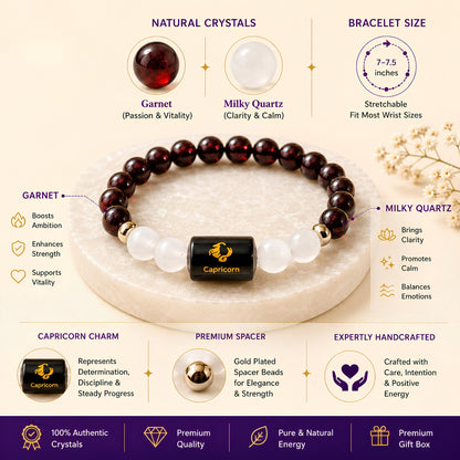 Capricorn Zodiac Bracelet — Garnet & Milky Quartz (Makar Rashi)