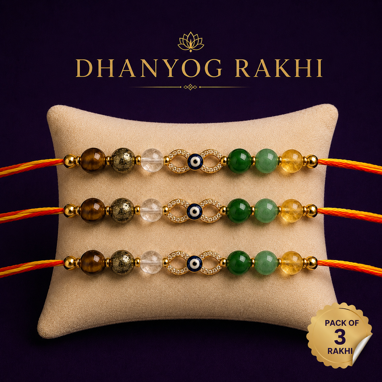 Dhanyog Crystal Rakhi – Pyrite, Tiger Eye & Green Aventurine Bracelet Rakhi for Brother