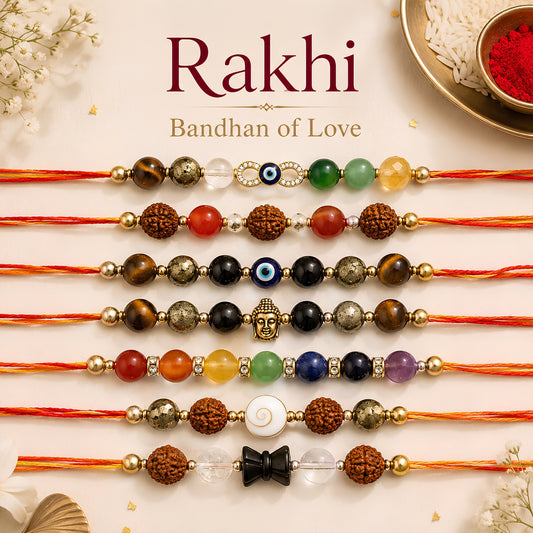Crystal Rakhi Combo Pack of 10 | Assorted Crystal & Rudraksha Rakhi Set for Brother